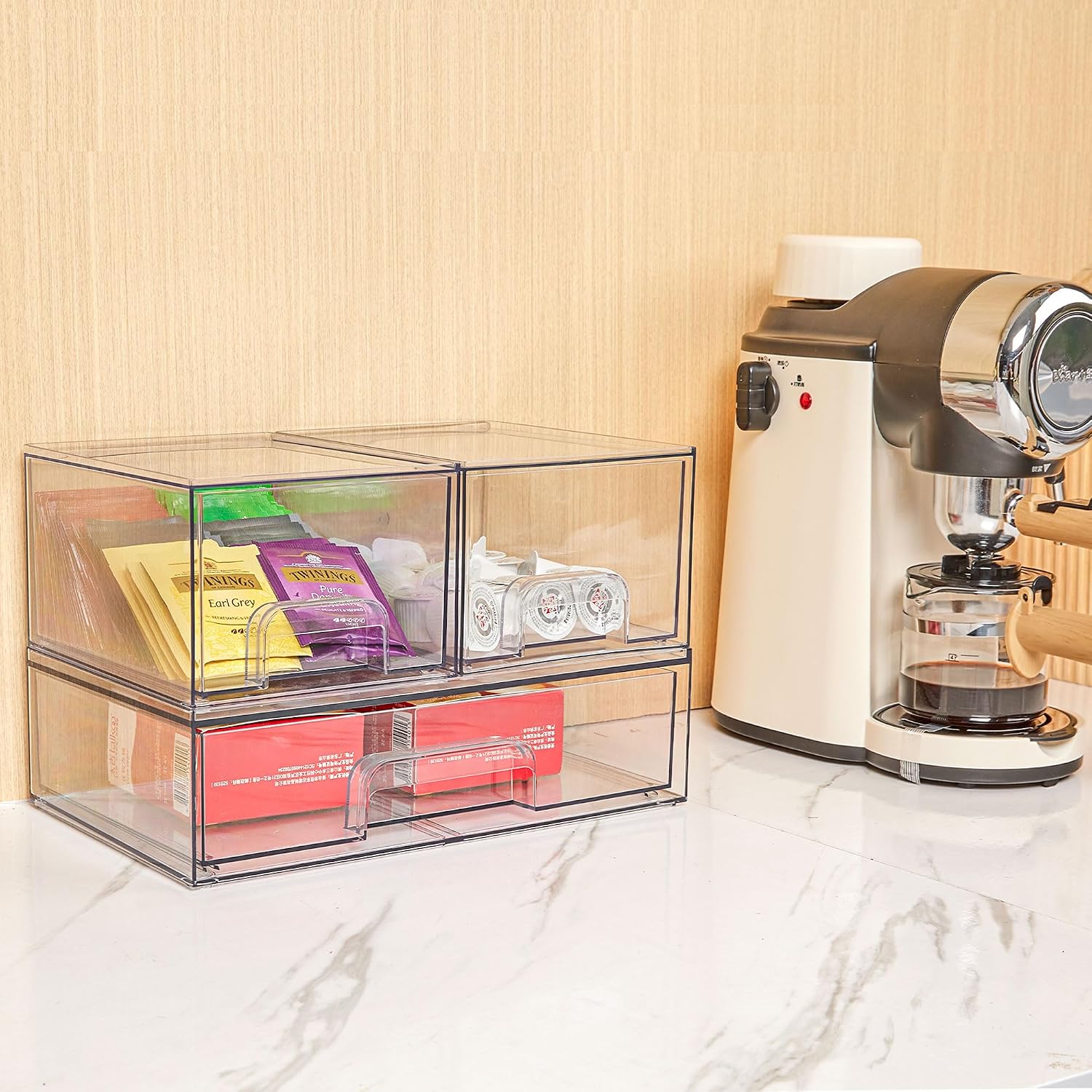 Vtopmart 2 Pack Small Clear Stackable Storage Drawers Organizer,11.2cm Tall | Acrylic Desk Organizer, Plastic Storage Boxes for Vanity, Bathroom, Kitchen Cabinets, Pantry, Offices, Under sink