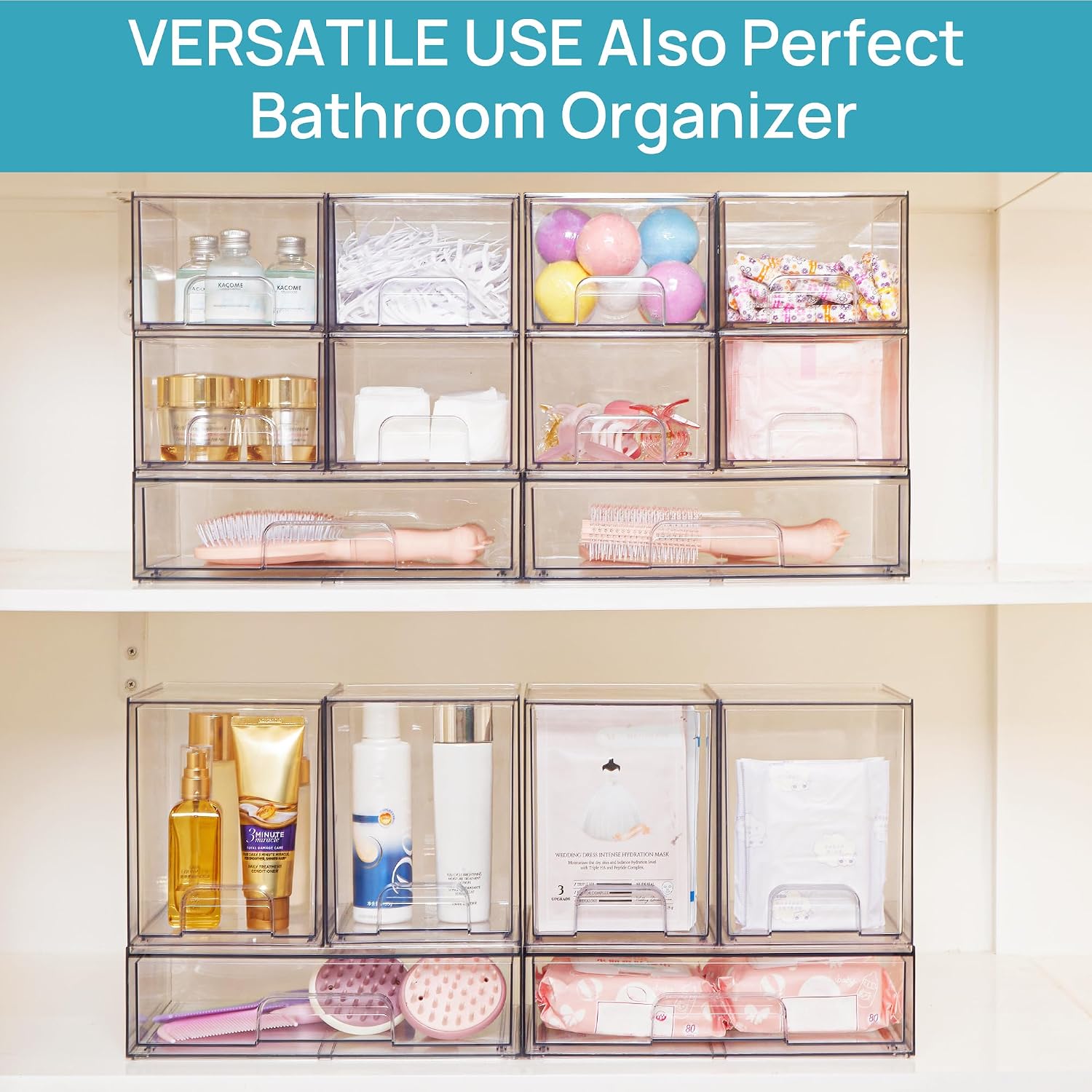 Vtopmart 2 Pack Small Clear Stackable Storage Drawers Organizer,11.2cm Tall | Acrylic Desk Organizer, Plastic Storage Boxes for Vanity, Bathroom, Kitchen Cabinets, Pantry, Offices, Under sink